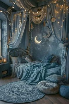 a bed room with a large window covered in curtained curtains and string lights hanging from the ceiling