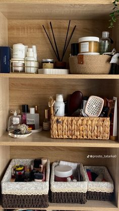 the shelves have baskets and containers on them