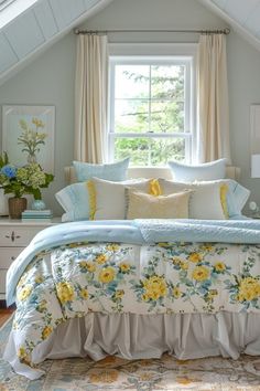 a bed with yellow and blue flowers on it in a white attic bedroom, along with two windows