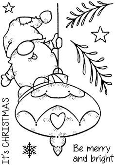 a black and white drawing of santa claus on a merry ornament with snowflakes