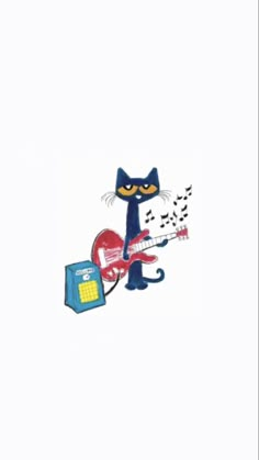 a blue cat playing the guitar with music notes on it's strings and an mp3 player