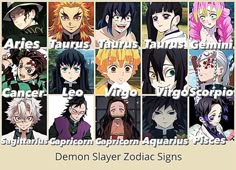 many different anime characters are shown in this image with the caption above them to describe their zodiac signs