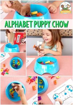 a collage of photos showing how to use the alphabet puppy chow bowl for play