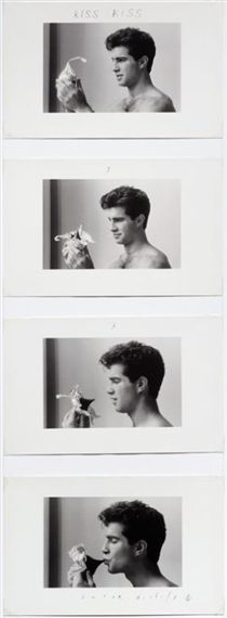 four black and white photographs of a young man holding a flower in his hand, with three different images of him