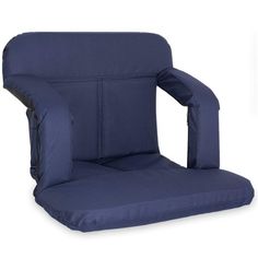 a blue chair cushion with an armrest and back rest on the seat is folded up