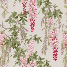 pink flowers and green leaves on a white wallpaper with red berries hanging from the branches