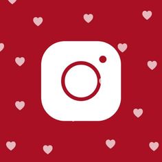 the instagram logo with hearts all over it on a red and white wallpaper