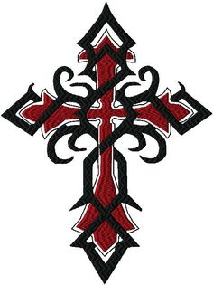 a cross with red and black designs on it