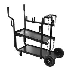 a black cart with two wheels and chains on it