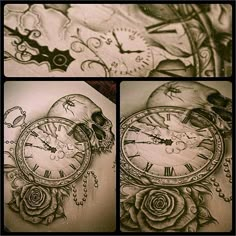 three pictures of clocks with roses and birds on them