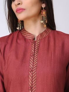 Maroon Cotton Tussar Kurta with Block-printed Details Striped Kurta, Punjabi Suit Neck Designs, Chudi Neck Designs, Chudidhar Neck Designs, Suit Neck Designs, Kurti Styles, Salwar Neck Designs, Kurti Sleeves Design