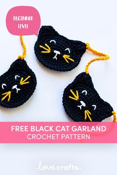 three crocheted black cat garlands with text overlay reading free black cat garland crochet pattern