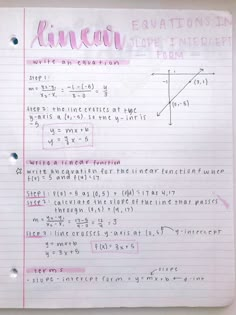 a piece of paper with writing on it that says, linear and slope functions written in pink ink