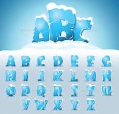 an ice font and numbers set with snow on the ground - decorative objects characters, letters and symbols