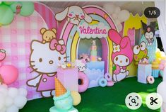 a hello kitty themed birthday party with balloons and decorations for children's birthdays