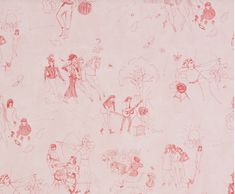 this is a drawing of people and animals on a pink paper wallpaper with red ink