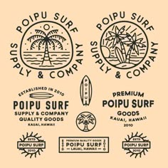 various logos and emblems for the popular surf resort, poipu surf & company