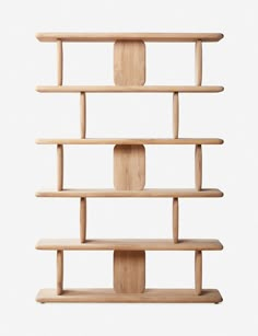 a wooden shelf with four shelves on each side