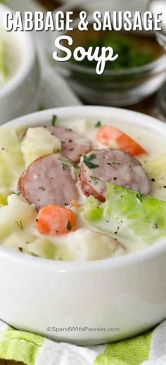 cabbage and sausage soup in a white bowl