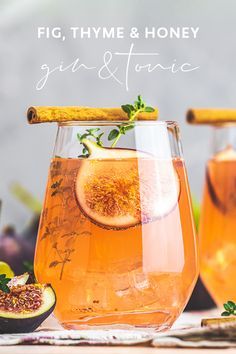 fig, thyme and honey gin & tonic cocktail in a glass with a cinnamon stick