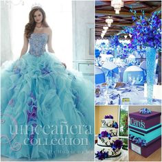 a collage of blue and purple wedding gowns