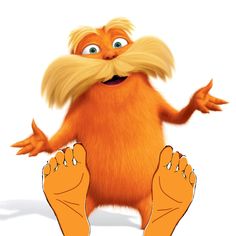 the lorax is sitting down with his legs spread out and eyes wide open