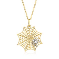 Ross-Simons - 14kt Two-Tone Gold Spiderweb Pendant Necklace. 18". If spooky season is your favorite, you'll love this unique pendant necklace. A stylish spiderweb shines in polished 14kt yellow gold with a tiny 14kt white gold spider perched on top. Suspends from a classic cable chain with a 2" extender. Springring clasp, 14kt two-tone gold spiderweb pendant necklace. Unique Pendant Necklace, Detailed Necklace, Natural Gold, Mom Necklace, Unique Pendant, Fine Jewellery Necklace, Spider Web, Spooky Season, Cable Chain