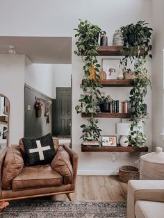 a living room filled with furniture and lots of greenery