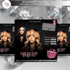 three flyers for a hair salon with diamonds in the background and an image of a woman's face