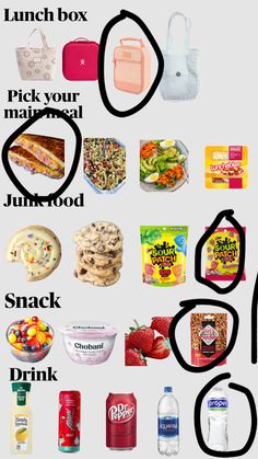 a poster with the words lunch box, pick your material, junk food and snacks