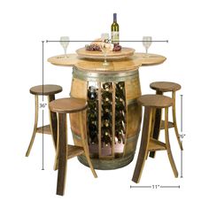 This Wine Barrel Designs Set is an excellent addition to any wine cellar, tasting room, pub, or home bar. The set comes with a 28-bottle wine rack inside the retired French Oak base, which is open on both ends. Tonneau Bar, Wine Barrel Table, Wine Rack Table, Wine Barrel Ideas, Wine Dispenser