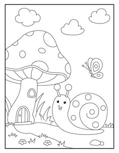 the snail and the butterfly are sitting on the ground in front of a mushroom house