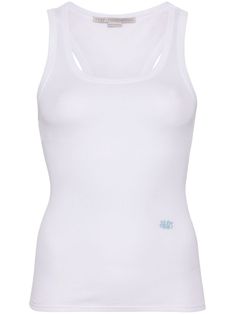 white lyocell-cotton blend lightweight jersey scoop neck sleeveless embroidered logo to the front straight hem Embroidered Tank, Yoko London, Wardrobe Edit, Water Consumption, Exclusive Fashion, Harmful Chemicals, Ballet Flat Shoes, Environmental Impact, White Tank Top