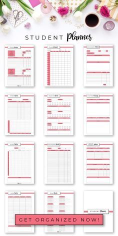 the student planner printable is displayed on a table with flowers and other office supplies