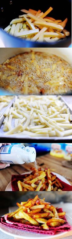 four different pictures show french fries being cooked