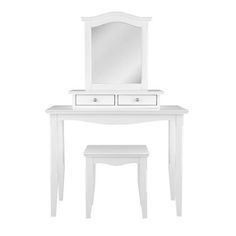 a white dressing table and stool with mirror on it's side, isolated against a white background