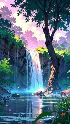 a painting of a waterfall in the middle of a forest with trees and flowers around it