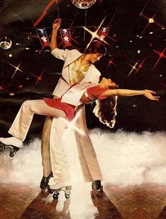 an advertisement for blue jeans featuring two people on roller skates in front of fireworks