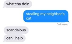 two texts that say, stealing my neighbor's cat