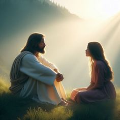 two people sitting on the ground in front of a mountain with sunlight streaming through them