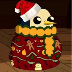 a cartoon penguin wearing a christmas sweater and santa's hat, sitting on the floor