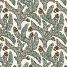 a pattern with pine cones and leaves on a white background, suitable for wallpaper