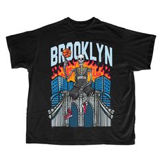 Get ready to make a statement with this fierce Brooklyn basketball graphic T-Shirt. Featuring the iconic bridge and inspired with a horror-streetwear design this shirt is not for the faint of heart. Made with the highest quality materials, it is comfortable enough to wear all day and built to withstand all of your adventures. The vibrant Brooklyn graphics on the front will make it clear to everyone which team you stand with, while the street style design gives off major urban vibes. Whether you're heading to the game or just cruising the streets, this t-shirt is sure to become a go-to in your wardrobe. So don't wait, add it to your collection today and let your team spirit shine in true Brooklyn style. This classic unisex jersey short sleeve tee fits like a well-loved favorite. Soft cotton Urban Halloween T-shirt For Streetwear, Hip Hop Halloween T-shirt For Streetwear, Hip Hop Graphic Print T-shirt For Streetwear, Urban Graffiti Print T-shirt For Fans, Urban Relaxed Fit T-shirt For Skateboarding, Graphic Tee T-shirt With Letter Print For Urban Adventures, Hip Hop Halloween Streetwear Top, Urban Streetwear Tops With Front Print, Urban Graphic Print Tops For Streetwear