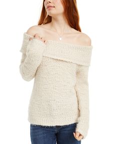 Approx. model height is 5'10" and she is wearing a size medium | Folded off-the-shoulder neckline | Eyelash knit | Runs small, we suggest sizing up for the perfect fit | Polyester | Machine washable | Imported Knit Increase, Fuzzy Sweater, Sweater White, Beige Sweater, Brown Sweater, Shoulder Sweater, White Sweaters, Casual Fits, Sweater Outfits