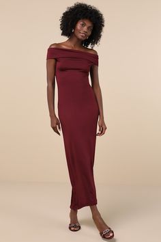 Versatile and elegant, the NIA Clara Plum Purple Off-the-Shoulder Column Dress will always impress no matter the occasion! Sleek stretch-knit shapes this effortlessly gorgeous dress with an off-the-shoulder neckline that flows into elegantly gathered straps. The figure-skimming silhouette continues into a column skirt with an ankle-grazing midi hem. Pair with anything from your favorite high heel boots to strappy stilettos! Fit: This garment fits true to size. Length: Ankle length. Size medium m Column Skirt, Strappy Stilettos, Column Dress, Plum Purple, Knit Midi, Knit Midi Dress, Strapless Bra, Heel Boots, Large Size Dresses