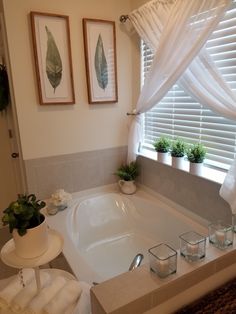 a bath tub sitting next to a window covered in white curtained drapes and potted plants