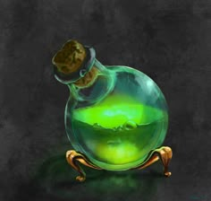 an oil painting of a green glass bottle