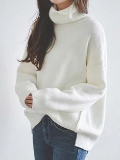 Bloomers Pants, Knitting Vest, Loose Knitting, White Knit Sweater, Winter Mode, Loose Pullover, High Neck Sweater, Cropped Shirt, Long Sleeve Knit Sweaters