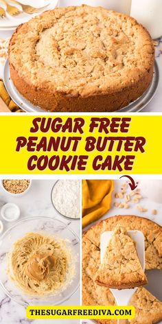 sugar free peanut butter cookie cake is shown with the words, sugar free peanut butter cookie cake