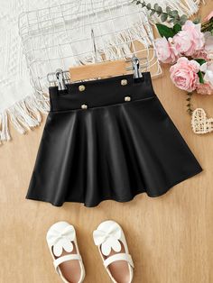 Young Girl Button Detail PU Leather Flare Skirt Black Party   PU Leather Plain Flared Non-Stretch  Young Girls Clothing, size features are:Bust: ,Length: ,Sleeve Length: Leather Flare Skirt, Leather Skirt Outfit, Holiday Skirts, Girls Skirts, Skirts For Kids, Elegant Dresses Long, Women Midi, Black Party, Leather Outfit